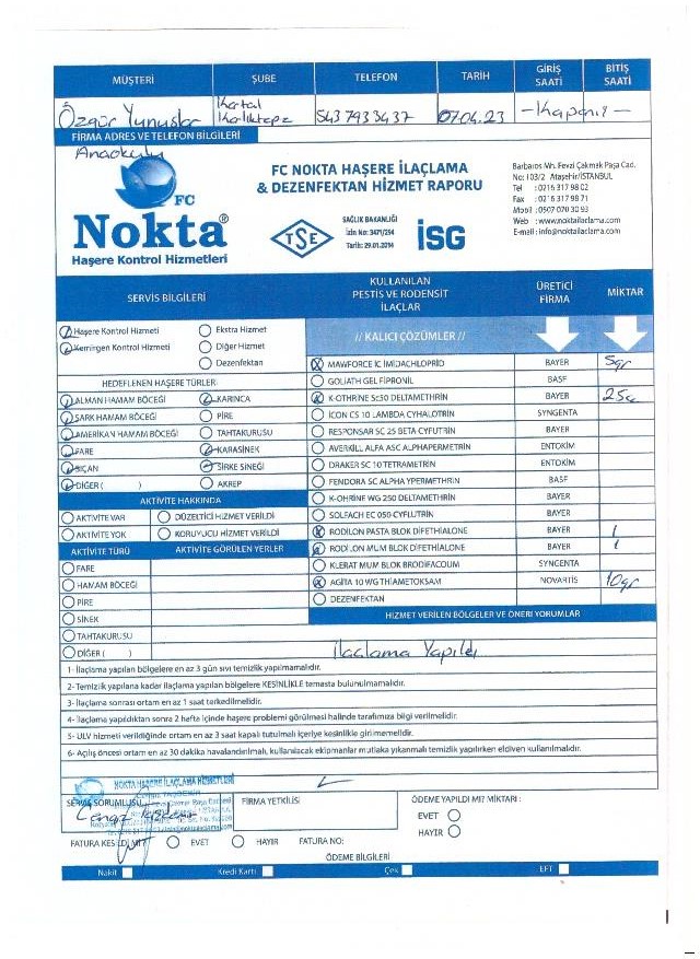 Okul İlaçlama Raporu